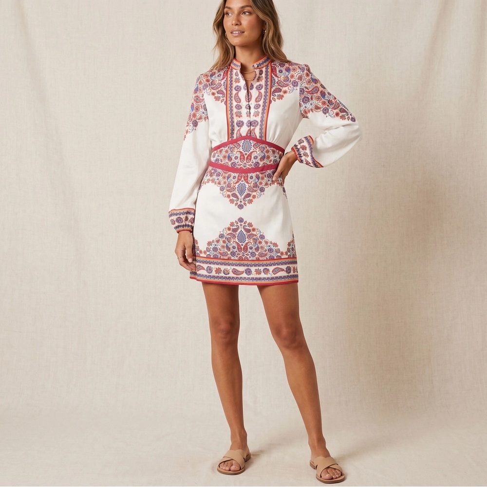 Embroidered White Mini Dress with Red and Pink Paisley Accents